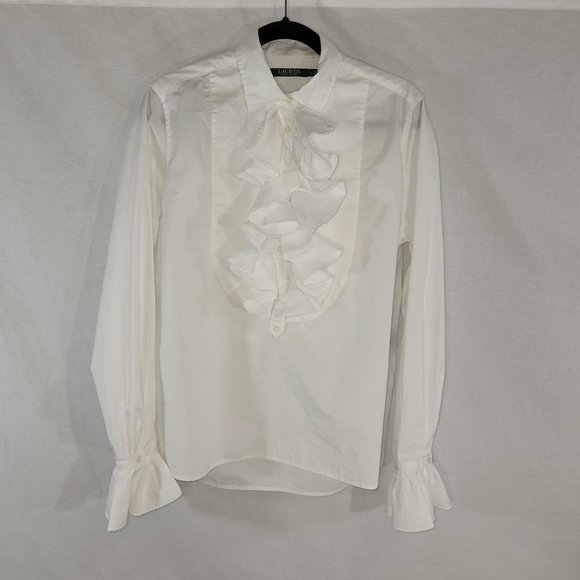 Lauren Ralph Lauren Tops - LAUREN Ralph Lauren Ruffle-Trim Button Up Shirt Size L White Color LIKE NEW!